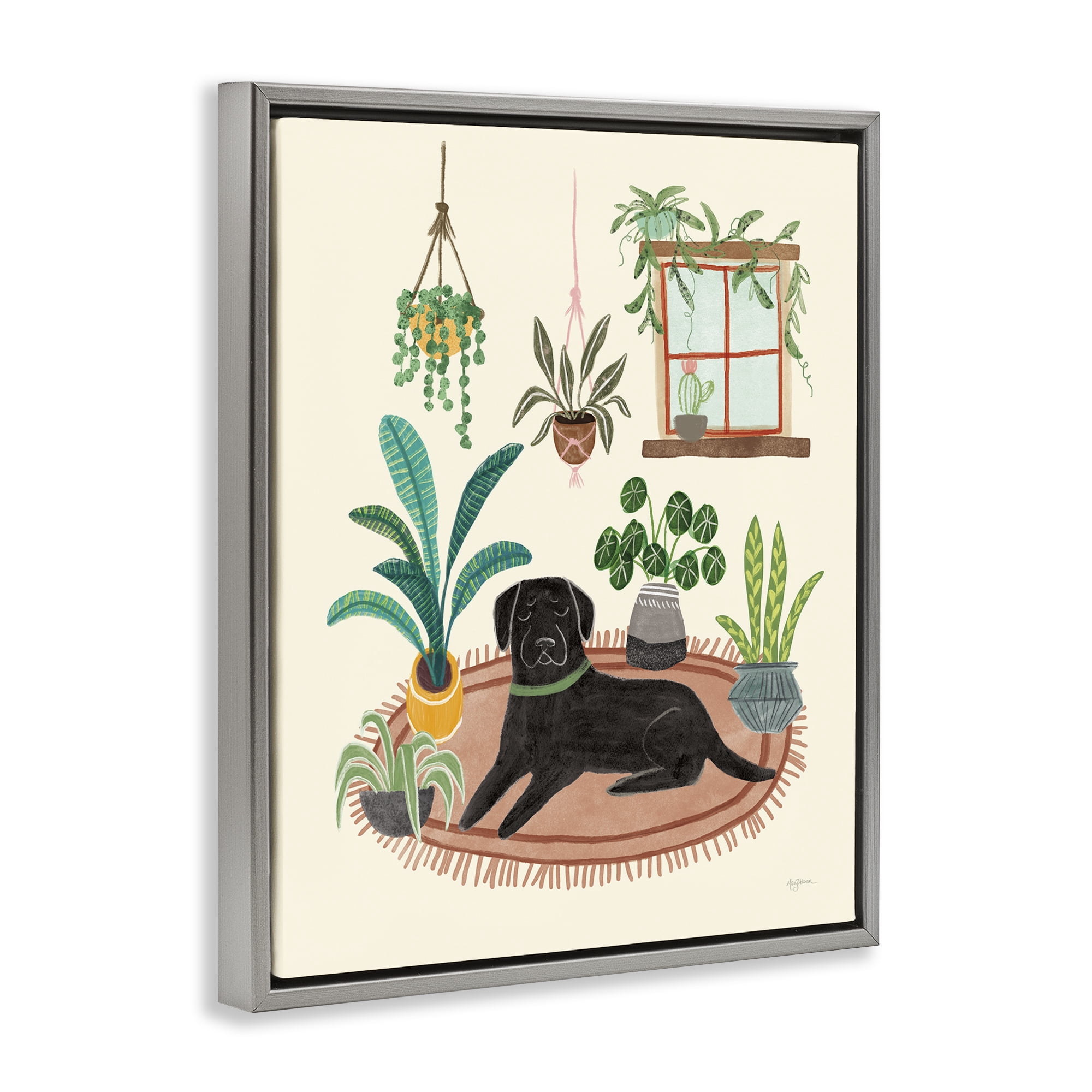 Stupell Industries Fun Dog & House Plants Animals & Insects Painting Gray Floater Framed Canvas Art Print Wall Art, 17 x 21