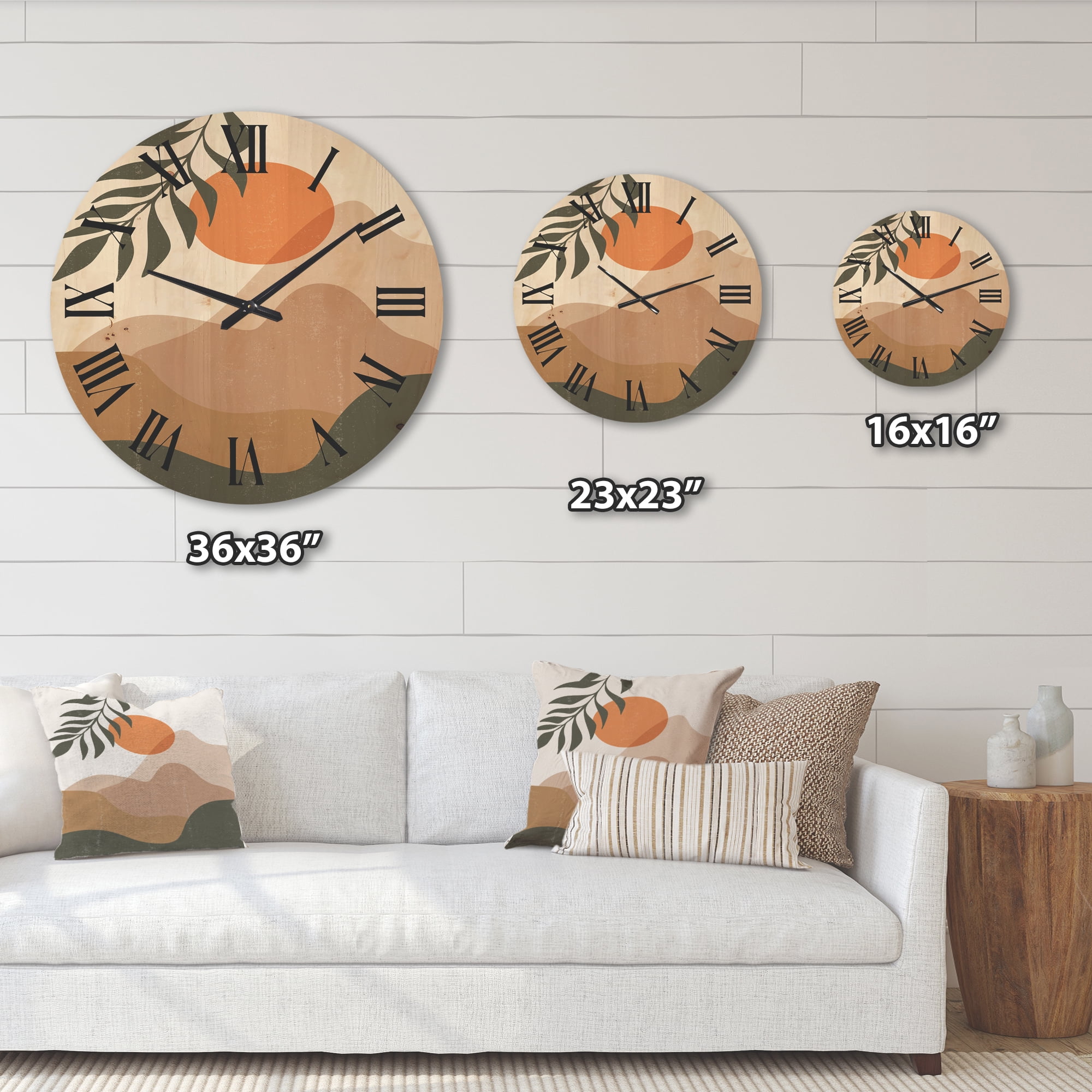 Designart 'Abstract Earth Toned Mountains With Red Moon I' Modern Wood Wall Clock