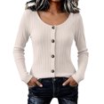 thumbnail image 4 of Hurxie Womens Long Sleeve Henley T Shirts Button Down Slim Fit Tops Scoop Neck Ribbed Knit Shirts Beige,S, 4 of 7