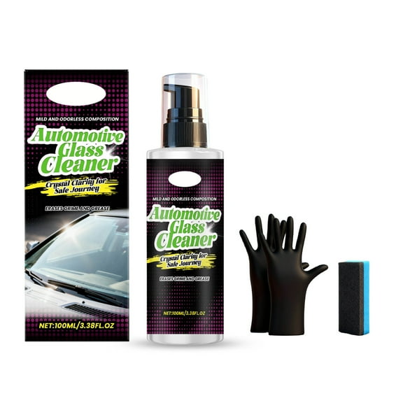 Car Glass Cleaner Kit with Gloves and Sponge(3.38 fl oz) – Window Cleaner Spray for Interior & Exterior Auto Glass – Streak-Free Car Cleaning Supplies for Tint, Mirrors & Screens