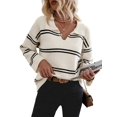 thumbnail image 3 of Women'S Casual Striped Long Sleeve V Neck Lightweights Pullover Sweater Loose Fit Drop Shoulder Knitted Tops White S, 3 of 9