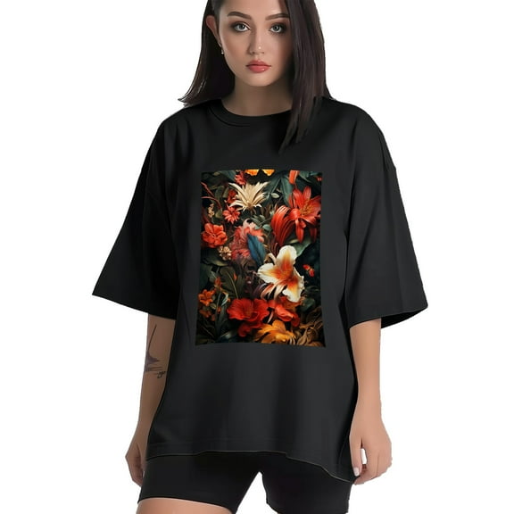 Plus Size Shirt for Women Black Tops for Women Short Sleeves Shirt for Women Tropical Plants T Shirt Crewneck Shirt for Women XS