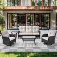 thumbnail image 2 of POCASSY 5 Pieces Patio Furniture Set with Patio Couch Swivel Patio Chair Coffee Table and Side Table, Black Wicker Beige Cushion, 2 of 12