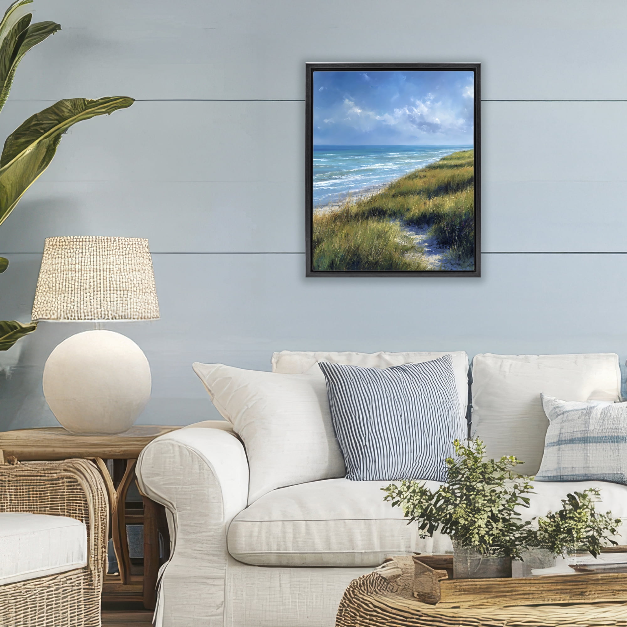 Stupell Industries Coastal Grass & Rolling Waves Black Framed Floater Canvas Wall Art, design by Franklyn Gregory