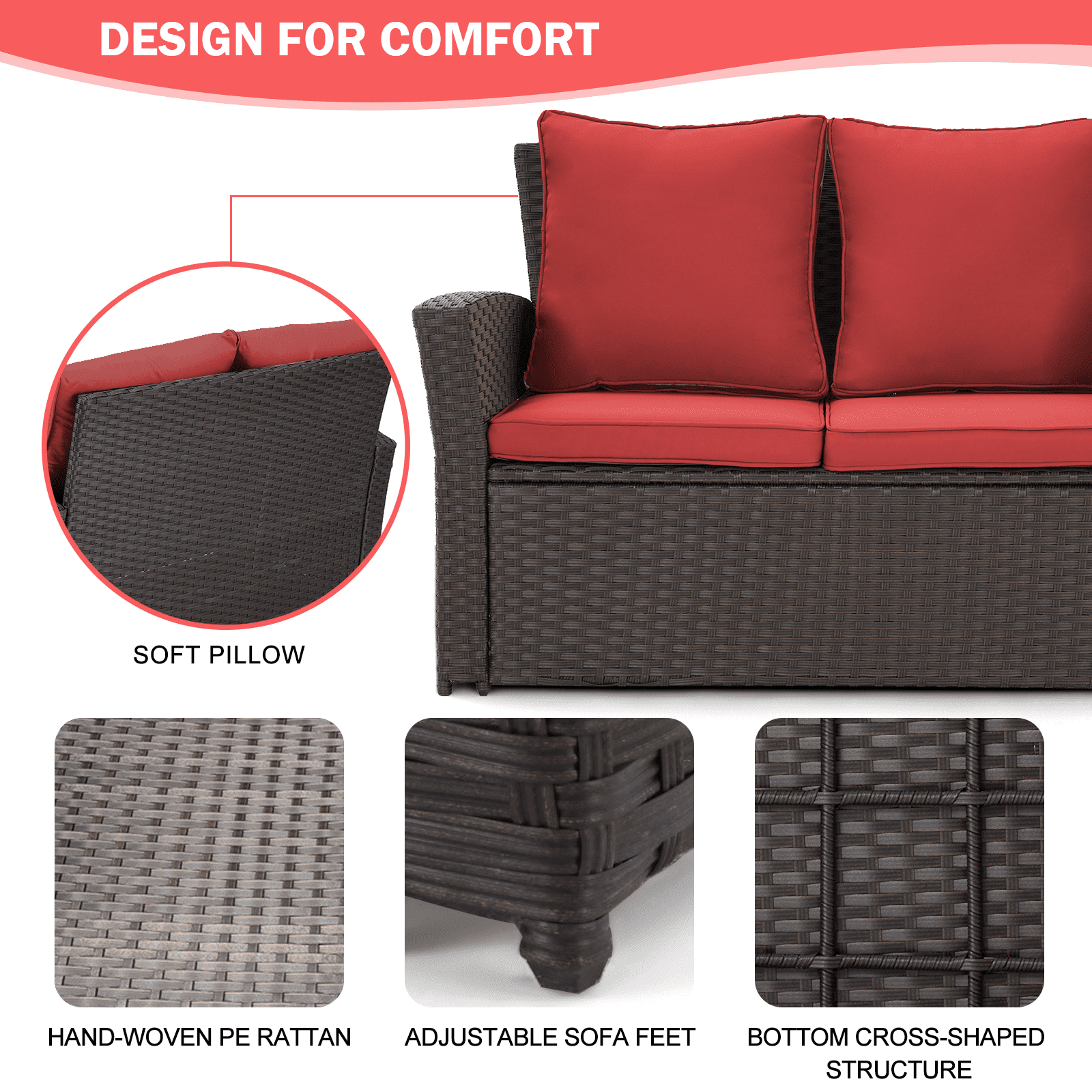 6 Pieces Patio Furniture Set, Outdoor Sectional Conversation Rattan Sofa Set with Ottoman and Outdoor Storage Table for Garden, Porch, Backyard (Red)