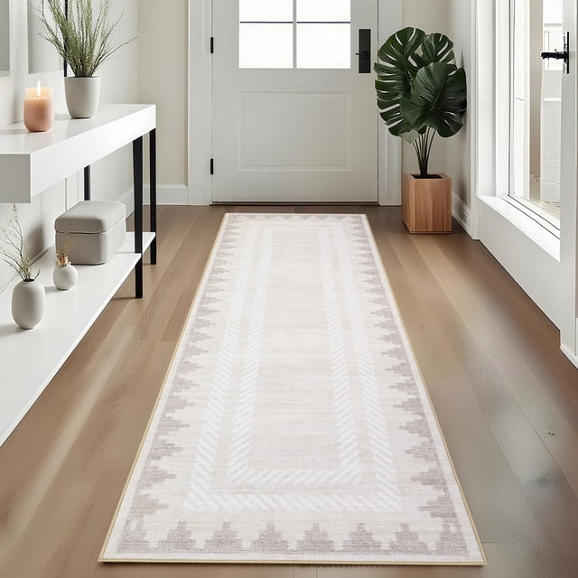 Modern Runner Rug 2x6 Low Pile Washable Rug – Modern Geometric Bordered Solid Area Carpet with TPR Non Slip Backing, Soft Non Shedding Neutral Floor Mat for Living Room, Bedroom & Nursery