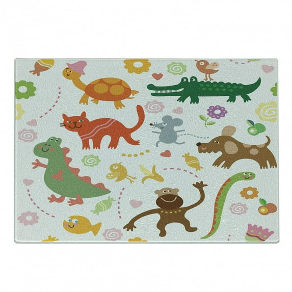 Animals Cutting Board, Jolly Cartoon Animals Colorful Flowers and Hearts for Cheerful and, Decorative Tempered Glass Cutting and Serving Board, Small Size, Multicolor, by Ambesonne