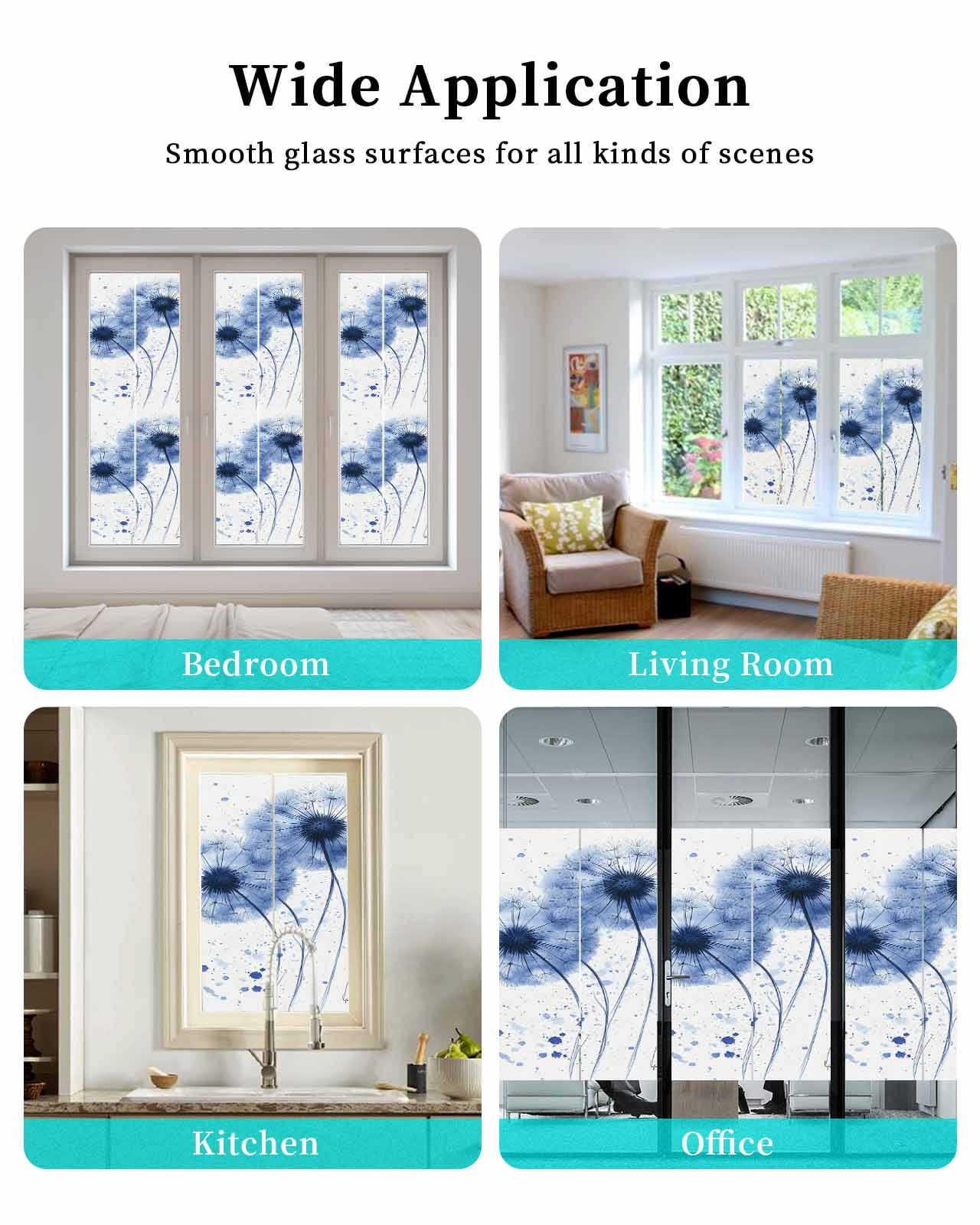 Window Privacy Film Blue Dandelion Stained Glass Window Film Decorative Sun Block Window Cover Contemporary Simple Watercolor Floral Window Clings Static Adhesive Sticker for Bathroom 23.6"x59"