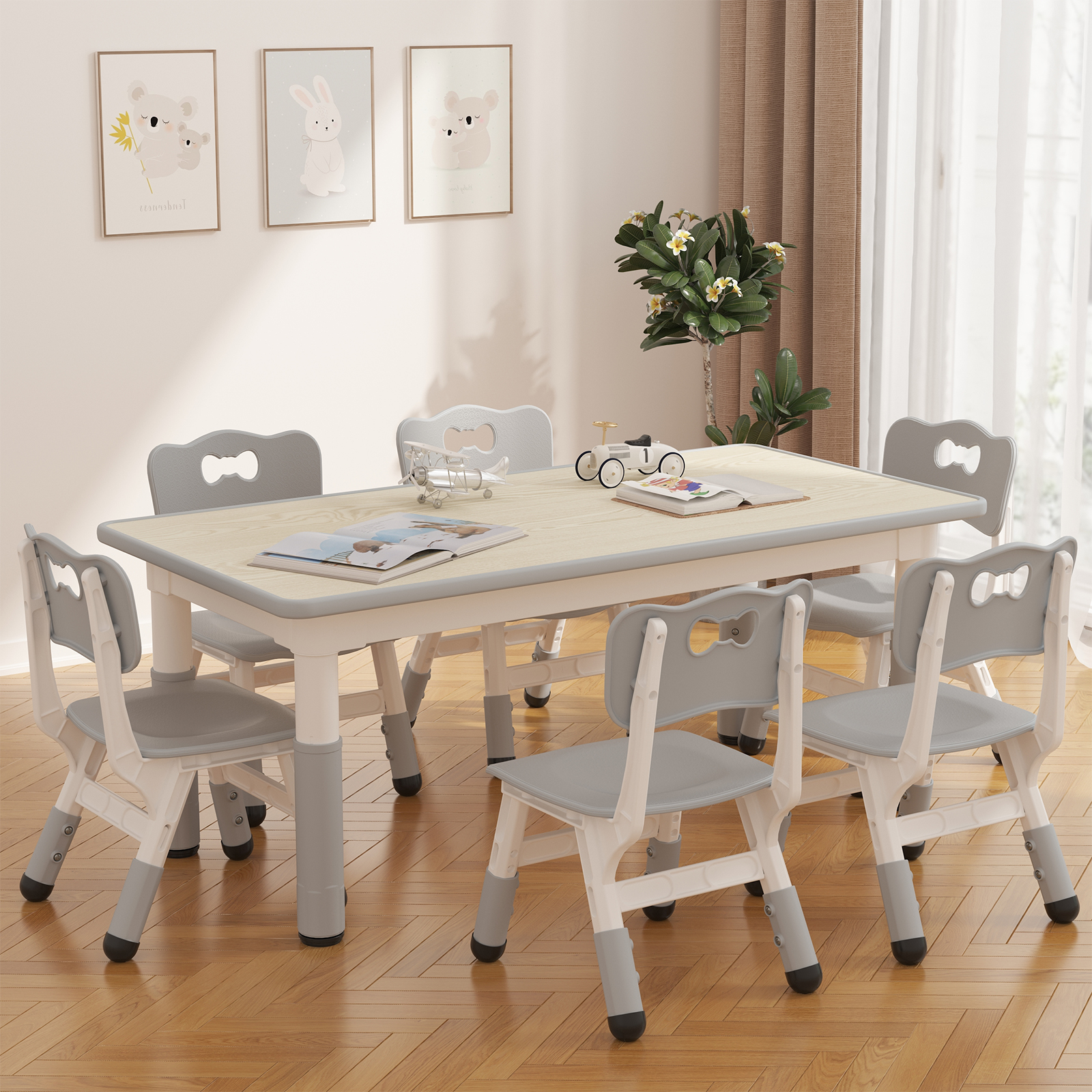 Kids Table and 6 Chairs Set, Height Adjustable Toddler Table and Chair Set, Graffiti Desktop, Children Study Table for 6 for Home Daycare Preschool for Ages 2-10