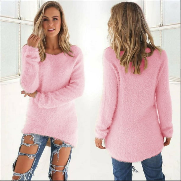 Xzngl Womens Long Sleeve Blouse Womens Casual Solid Long Sleeve Jumper Sweaters Blouse Pk Xl Long Sleeve Blouse Pink