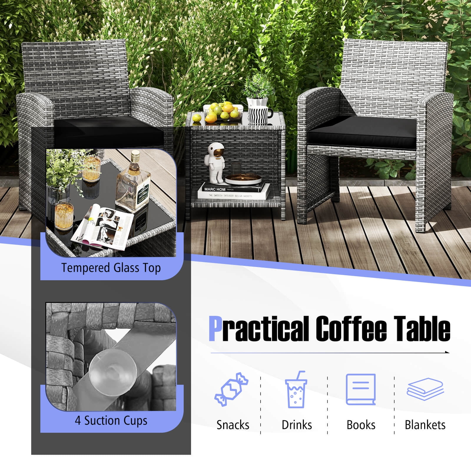 Costway 3 PCS Patio Furniture Set with Tempered Glass Coffee Table & Soft Seat Cushions Black