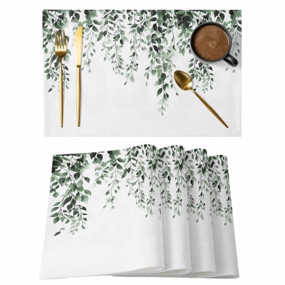 Green Eucalyptus Placemats Set of 12, Weeping Botanical Leaf Watercolor Placemats for Dining Table, Place Mats for Kitchen Tabletop, Waterproof Wipeable Dining Table Mats Set