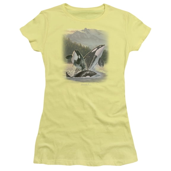 Wildlife Breaching Orcas Junior Women's T-Shirt Sheer Banana