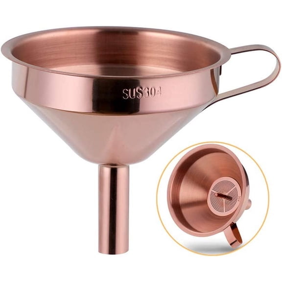 Stainless Steel Wide Mouth Funnels with Detachable Strainer, 5-inch Funnel for Filling Small Bottles and Jars, Cooking Oil and Transmission Liquid, Food Grade Metal Kitchen Funnels Rose Gold