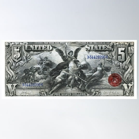 Five U.S. Dollar Bill - 1896 Educational Series Poster Wall Art, Modern Wall Decor For Living Room Bedroom, 8x12 UNFRAMED