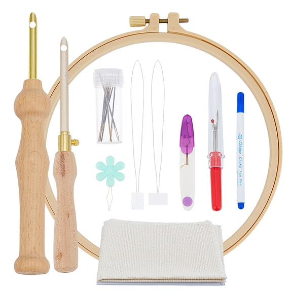 1bag 19pcs Punch Needle Embroidery Kits Wood Handle Punch Needle with Embroidery Hoop Linen Fabric Sewing Tools and Fabric Marker Pen Punch Needle Starter Stitching Kit for Beginners Adults