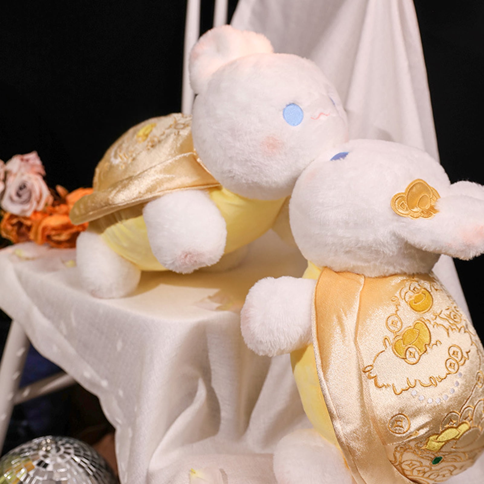 D-GROEE Soft Rabbit Plush Toy Rabbit Plush Toy with Shell Rose Golden Coins Pink Flower Soft Fuzzy Stuffed Plushie Home Decoration Girlfriend Valentine's Day
