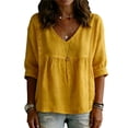 thumbnail image 2 of Women's Cotton Linen V Neck Blouse Casual 3/4 Sleeve Babydoll Pleated T Shirts Summer Boho Relaxed Fit Vacation Tunic Tops Yellow L, 2 of 5