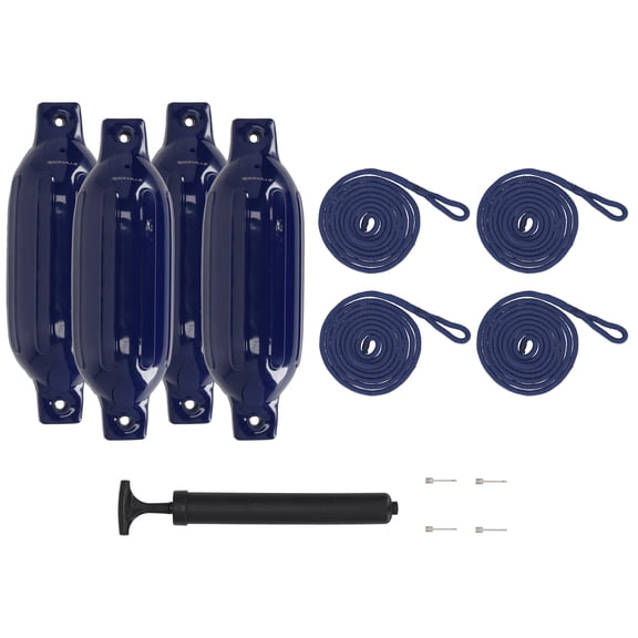 Rockville FEN445-NAVY Blue Boat Fender Package, 4 Bumpers 4.5in x 16in, 4 Lines, 1 Pump