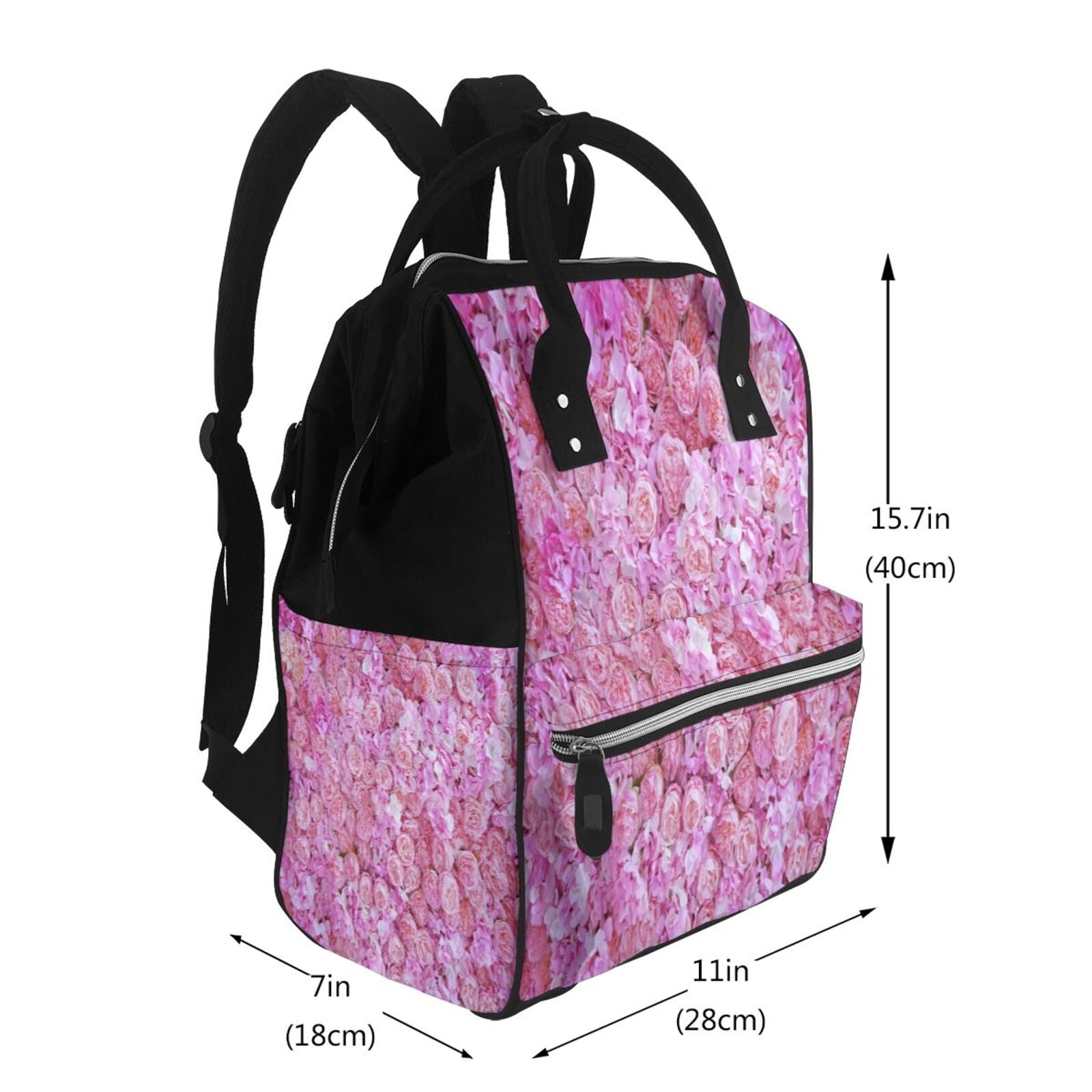 Fuzoiu Pink Roses Print Diaper Bag Backpack,Baby Essentials Travel Tote,Multi function Waterproof Diaper Bag, Travel Essentials Baby Bag - Unisex