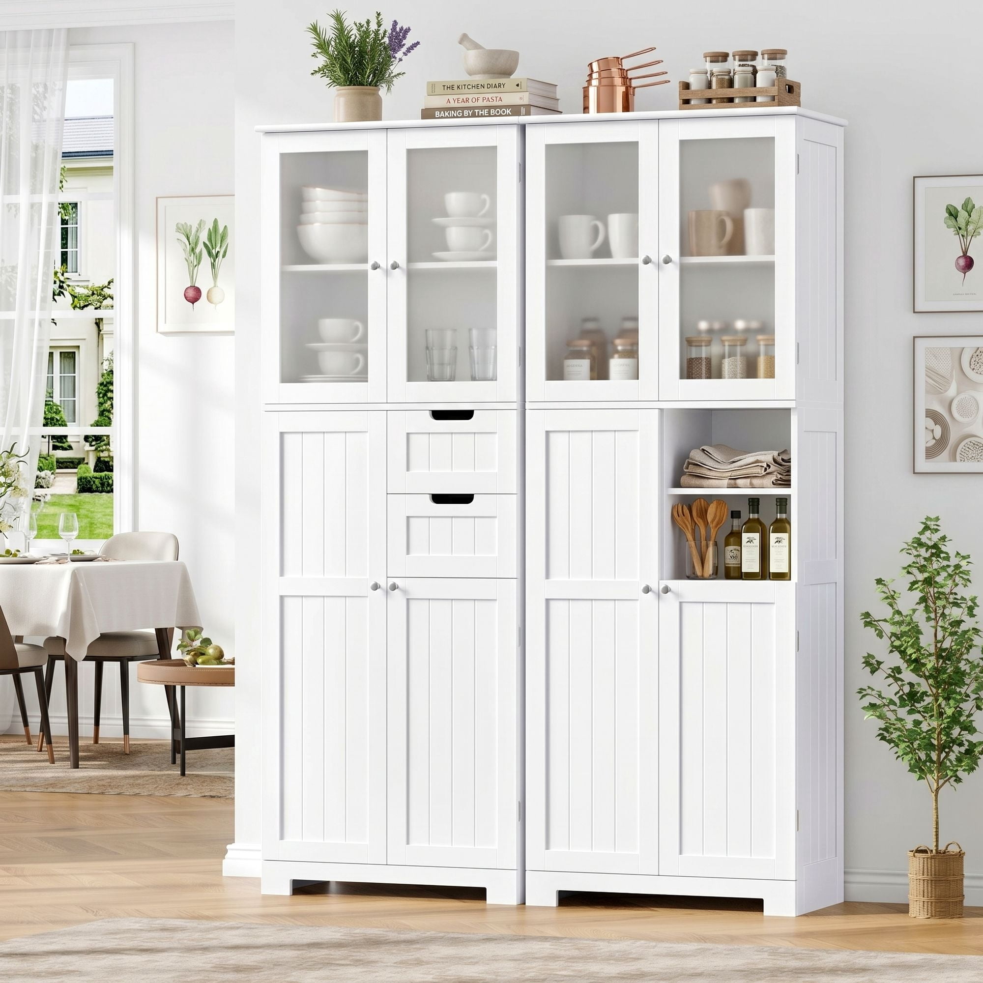 Homfa Kitchen Pantry Storage Cabinet, 67" White Pantry Cabinet with Doors and Removable Drawers, Freestanding Cupboard for Dining Room
