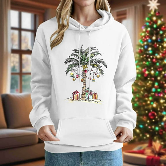 Womens Christmas Top Loose Casual Hoodies Winter Holiday Sweatshirt Funny Xmas Tree Vintage Hoodies Long Sleeve Vacation Trendy Tops 2025