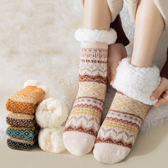 3Pack Women's Thick Lined Mid-Calf Socks with Silicone - for Indoor Home Use Beige