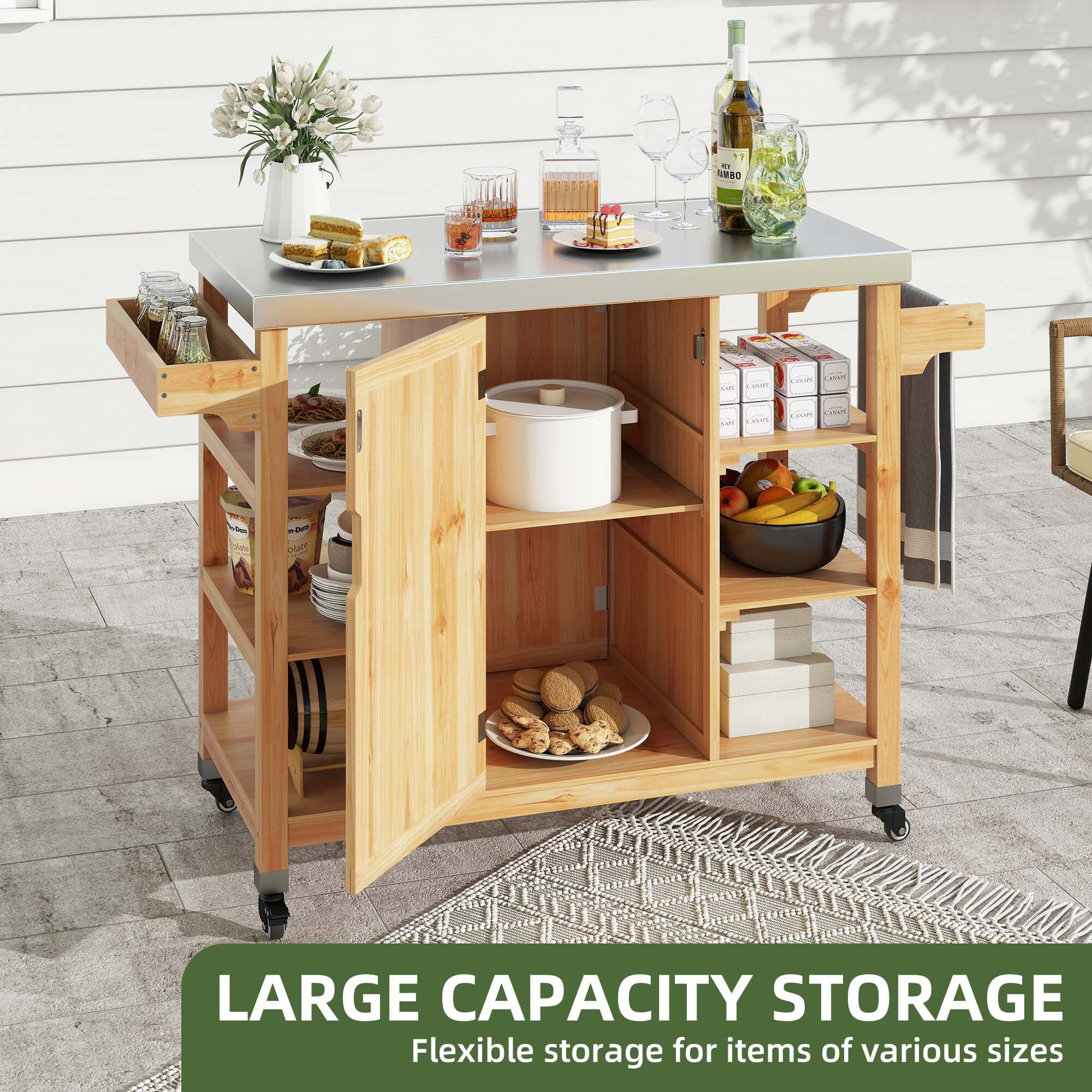 Uforic Wood Kitchen Storage Cart with Stainless Steel Table, Outdoor Grill Cart with Storage, Natural
