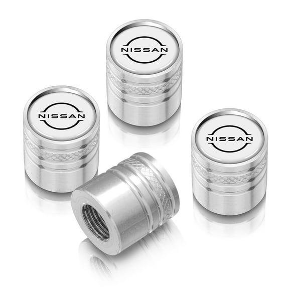 Nissan New Logo White on Silver Aluminum Cylinder-Style Tire Valve Stem Caps