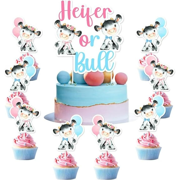 Cow Gender Reveal Decor Heifer or Bull Cake Cupcake Topper Gender Reveal Decorations Heifer or Bull Baby Shower Decorations Cows Cake Topper for Pink and Blue Holy Cow Baby Shower