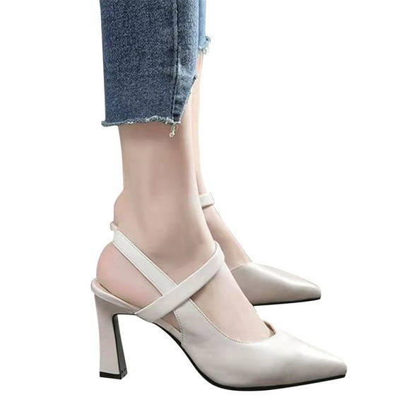 Soft Leather High Heels for Women Pointed Toe Versatile Thick Heel Straight Strap Ladies Dress Shoes Sandals (White,42)