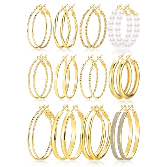 Juego de pendientes de aro FANDY Gold para mujer, 12 pares, 40 mm/50 mm
