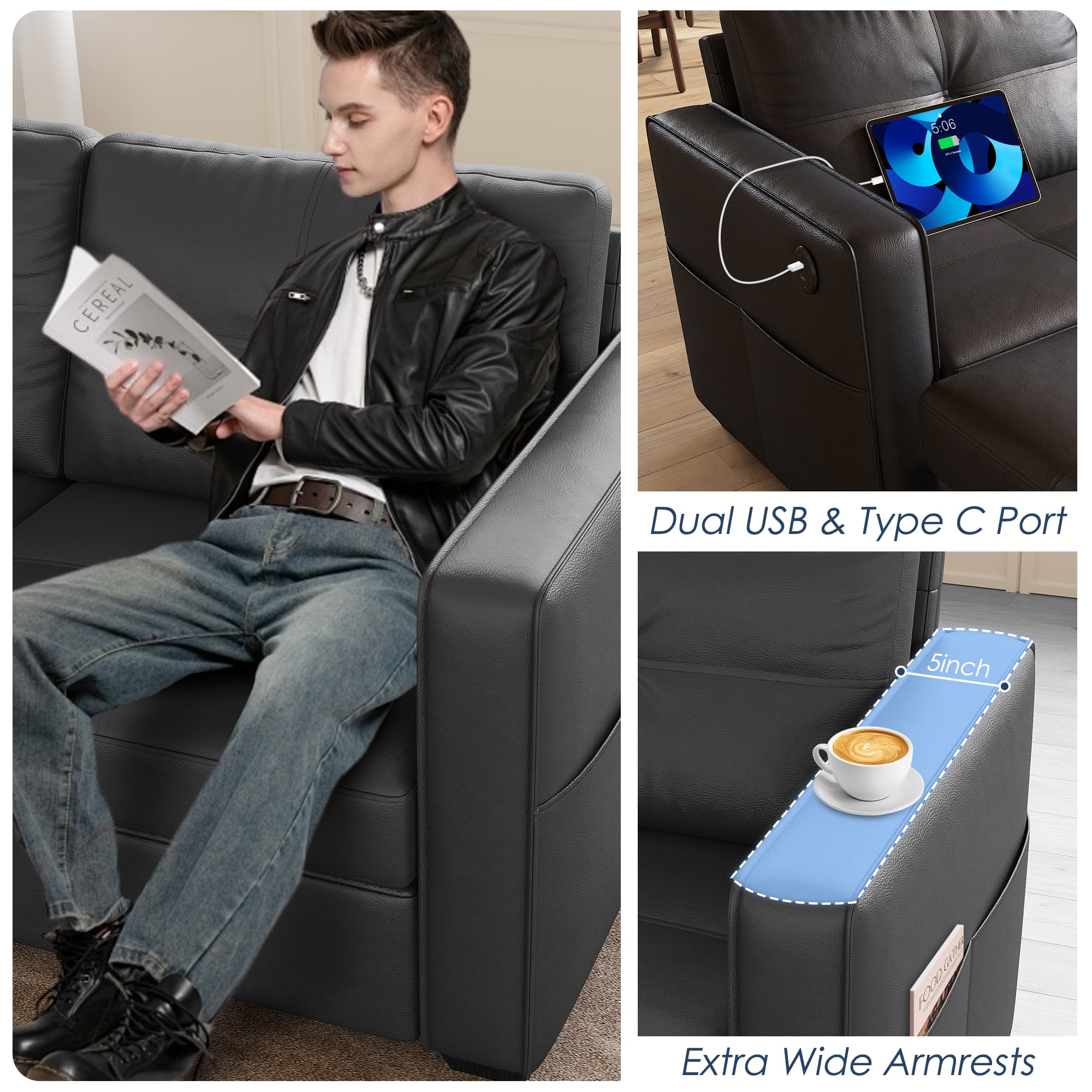 AODAILIHB 65" W Linen Fabric 2-Seat Sofa, Modern Love Seat Couch with 2 USB Charging Ports and Stowage Pocket, Upholstered Arm Sofa For Living Room, Office