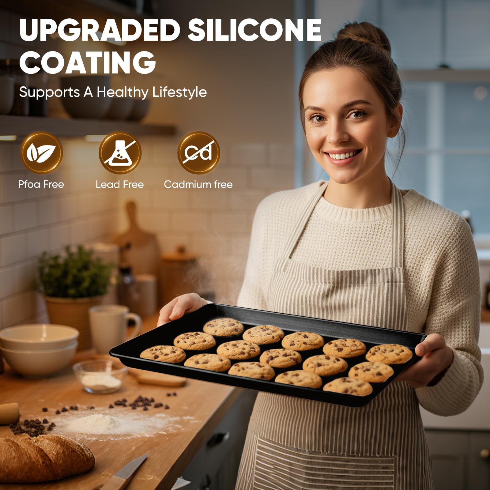Nonstick Baking Sheet Pan Set Of 3  Heavy Duty Cookie Sheets For Oven With Stripe Texture Pattern 0.6mm Thick Quarter/half/jelly Roll Pans Rust-resistant & Easy Clean (black)