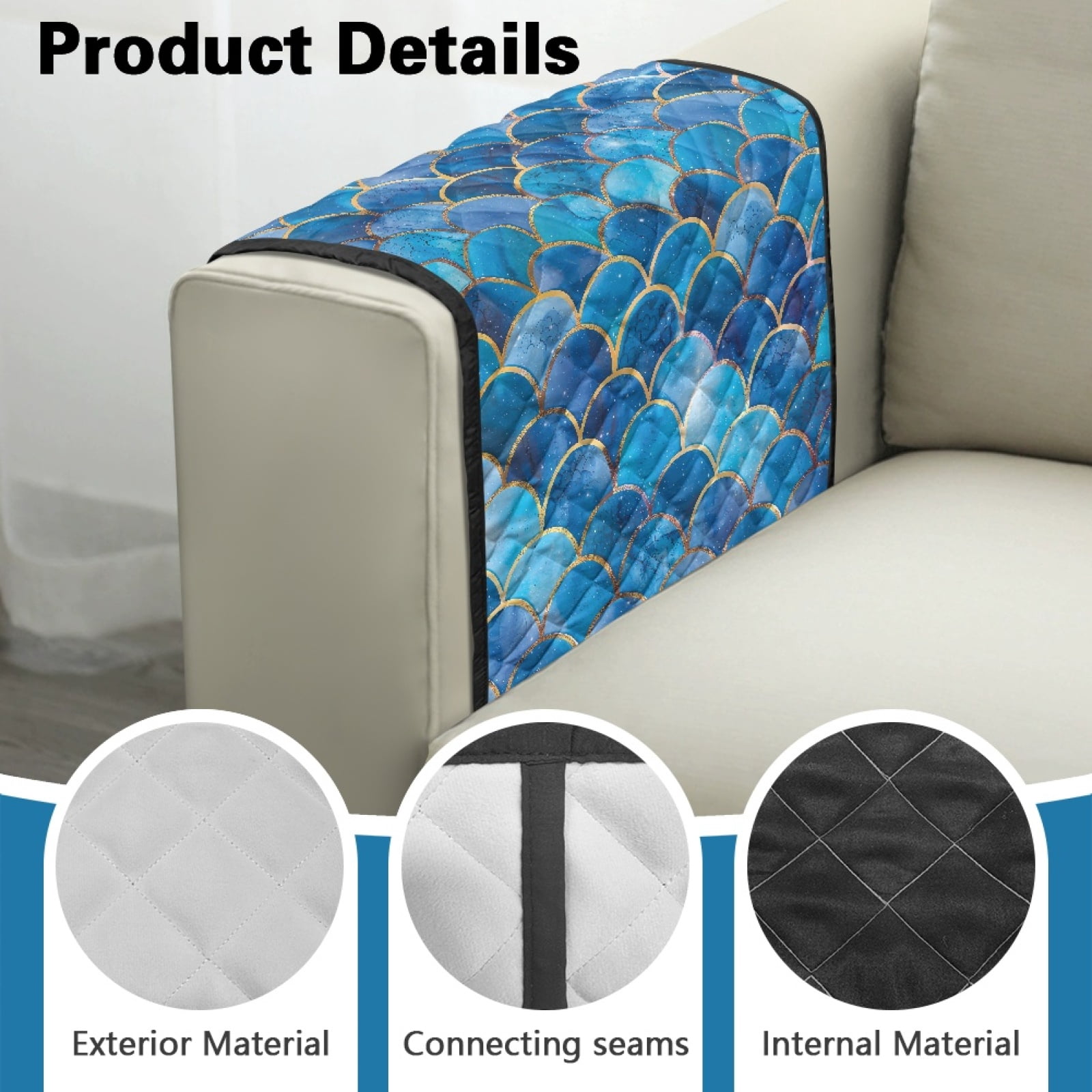 TSOVTHRID Blue White Mermaid Scales Glitter Print Couch Arm Covers with 2 Side Storage Pockets, Anti-Slip Armrest Cover for Sofa, Chair, Loveseat, Recliner Arm Covers