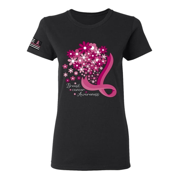Wild Bobby US Flag Breast Cancer Awareness Flowers US Flag Breast Cancer Awareness Women Graphic Tee, Black, Small
