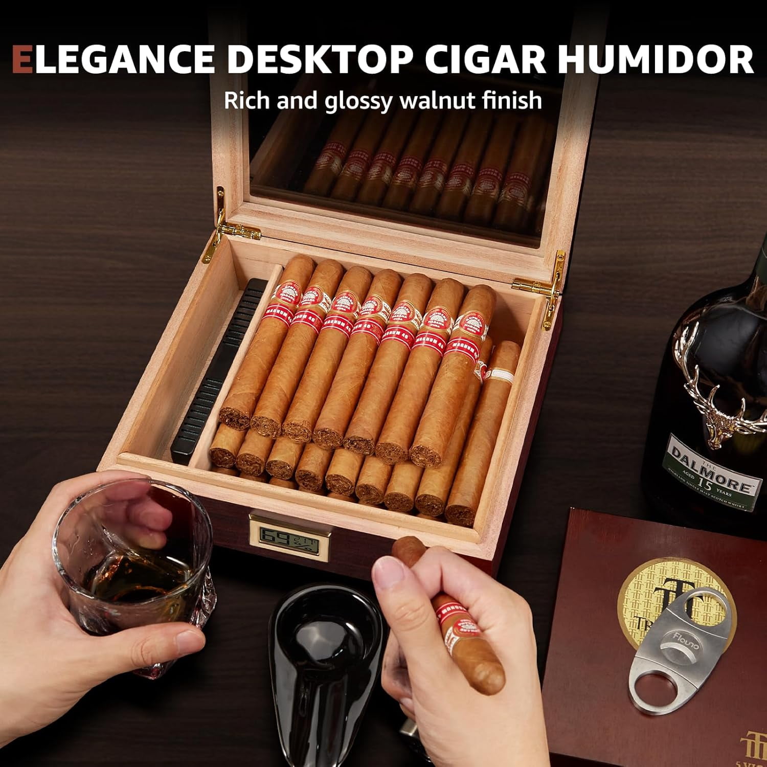 MY Cigar Humidor, Spanish Cedar Wood Humidor with Accurate Digital Hygrometer, Humidifier, Divider, Handcrafted Cigar Humidor Box Holds 40-60 Cigars, Gift for Cigar Lovers