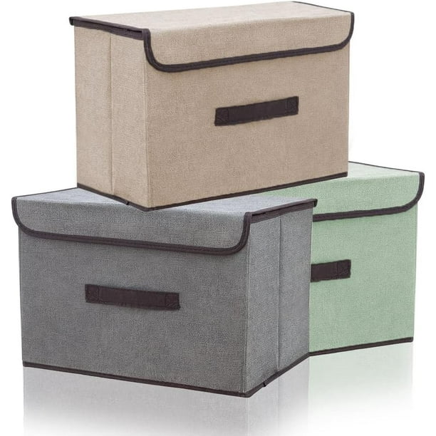 Paquete de 3 cajas de almacenamiento con tapa, bloques de almacenamiento de tela plegables, cajas de almacenamiento plegables para organización y almacenamiento, beige + verde + gris