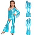 thumbnail image 5 of TiaoBug Girls Metallic One Shoulder Flared Jumpsuit 70s Disco Dance Outfit Kids Pageant Party Formal Romper Light Blue 10, 5 of 7