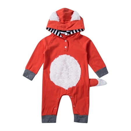 ITFABS Boys Girls Romper, Fox Applique Chest Tail Jumpsuit, Hooded ...