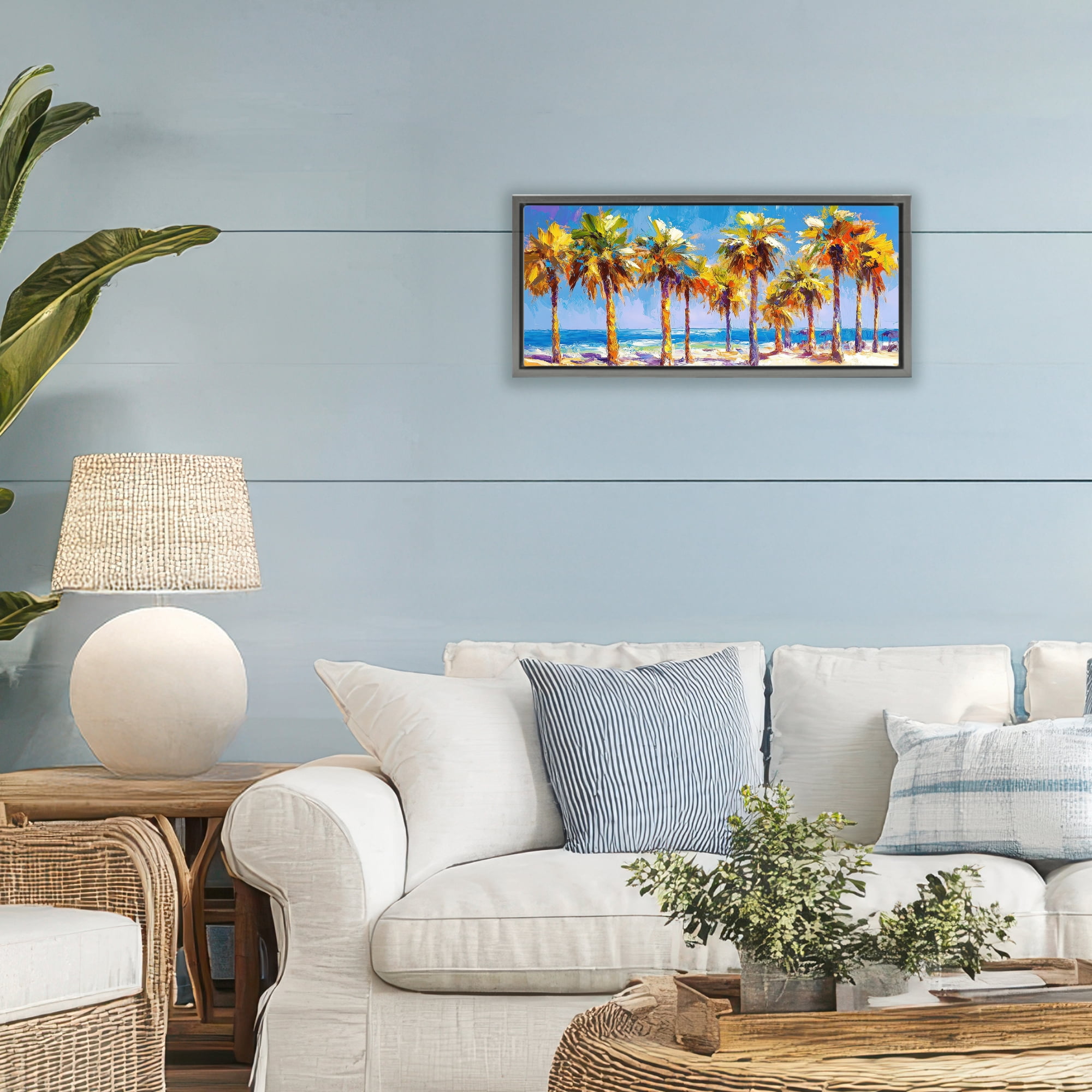 Stupell Industries Many Palm Trees on Beach Gray Framed Floater Canvas Wall Art, design by Petal Prints Design