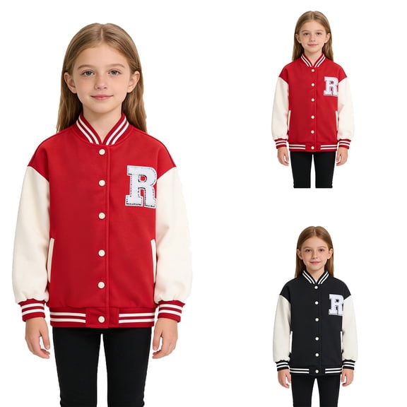 Lkhaha Kids Baseball Varsity Jacket For Boys Girls Warm Thickened Preppy Outerwear Black 3-4 Years