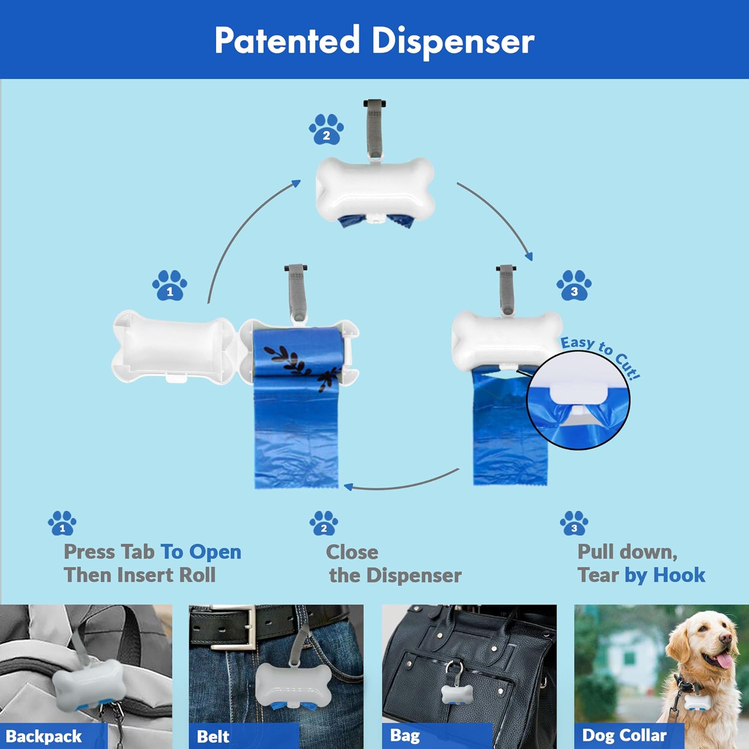 1000 Dog Poop Waste Bags with Dispenser and Leash Tie 9" x 13" Blue Count