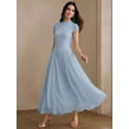 thumbnail image 3 of Womens Blue Elegant High Neck Cap Sleeve A-Line Floor-Length Pleated Maxi, 3 of 6