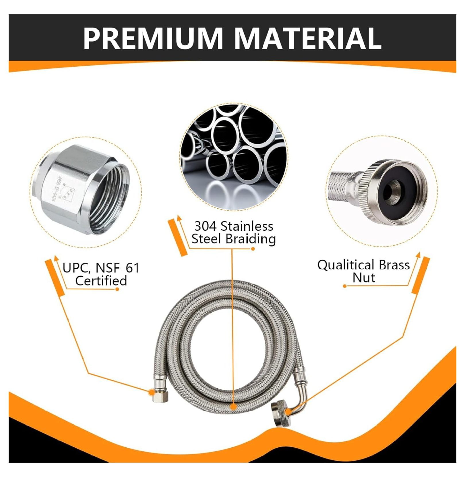 5-Pack 10 Feet Stainless Steel Dishwasher Hose with 90 Degree FGH Elbow, 3/8" Comp x 3/4・FHT Water Supply Line (10 Ft)(HOSE061-5)