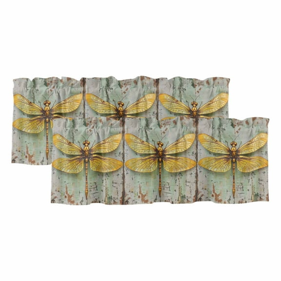 2 Pack Modern Oil Painting Valance for Window Retro Yellow Dragonfly Kitchen Valance Rod Pocket Short Curtain Topper Decorative Window Treatment for Living Room Bedroom 42"x18"