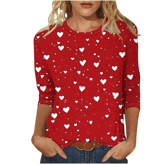 Womens 3/4 Sleeve Crew Neck T-Shirts Valentina's Day Spring Shirts Love Heart Graphic Tee Tops