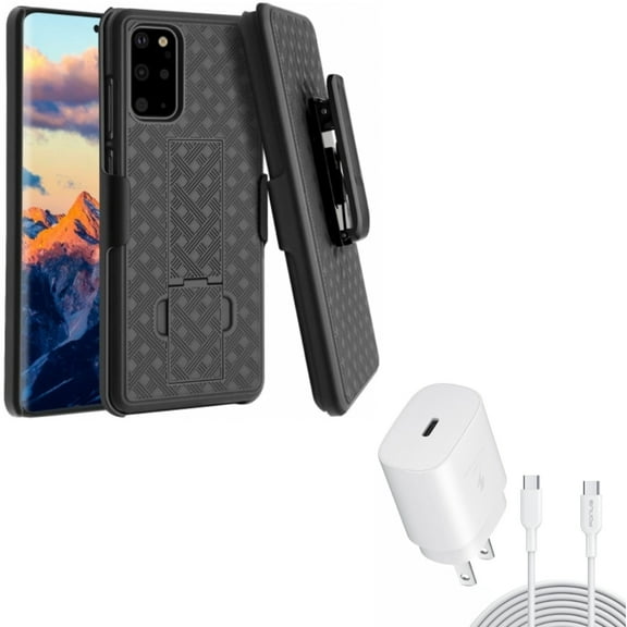 25W Fast Home Charger & Case Belt Clip for Samsung Galaxy S20 Plus - PD Type-C 10ft USB-C Cable   Holster Swivel Cover Combo