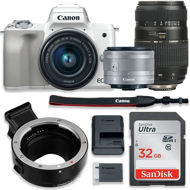enkelt Prevail censur Canon EOS M50 Mirrorless Digital Camera (White) Bundle w/Canon EF-M 15-45mm  is STM & Tamron 70-300mm Di LD Lenses + Auto (EF/EF-S to EF-M) Mount  Adapter + Basic Camera Kit - Walmart.com