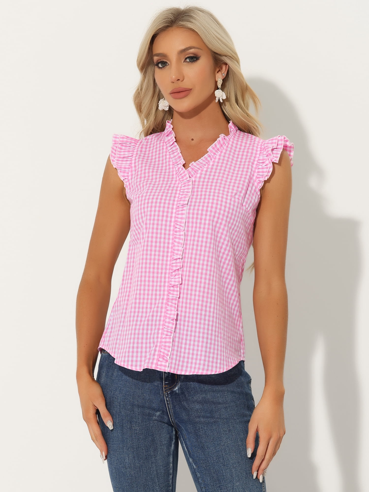 DARING DIVA Women's Cap Sleeve Plaid Gingham Ruffle Blouse XS Pink